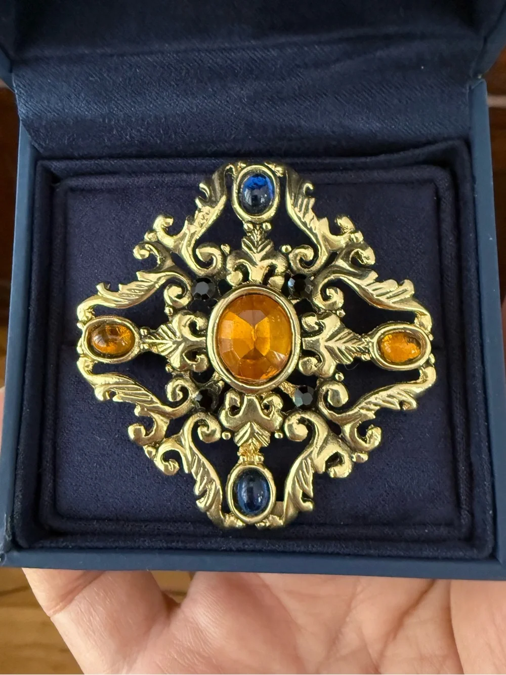 1960s Filigree Brooch with Amber and Sapphire Stones